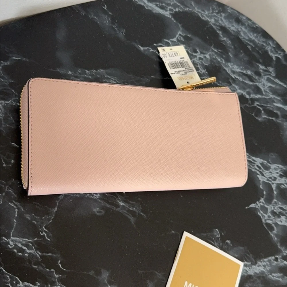 MICHAEL KORS Jet Set Travel Leather Quarter-Zip Wallet Soft Pink AUTHENTIC NWT